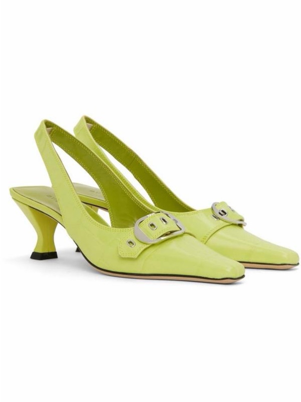 By Far 37 Evita Slingback Buckle Heels Green Croc-Embossed Leather